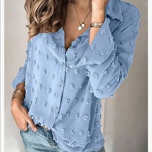 Light blue Pom Pom button down blouse.